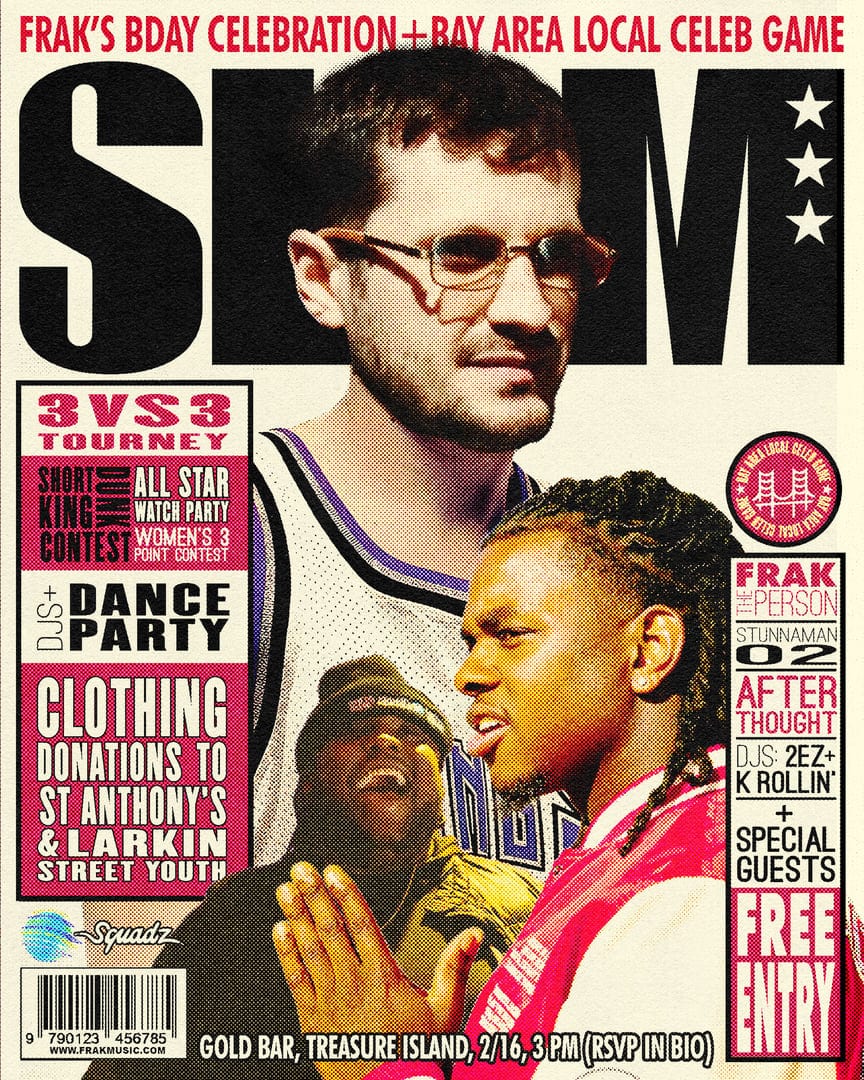 Flyer design for Frak's 2025 birthday on All Star weekend, inspired by a SLAM cover featuring former NBA player Jason Williams.